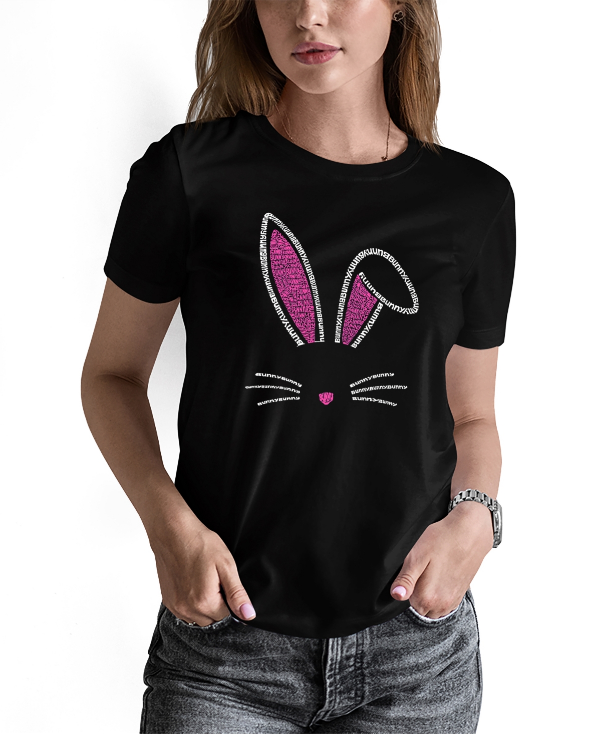 La Pop Art Women's Word Art Bunny Ears Short Sleeve T-shirt In Black