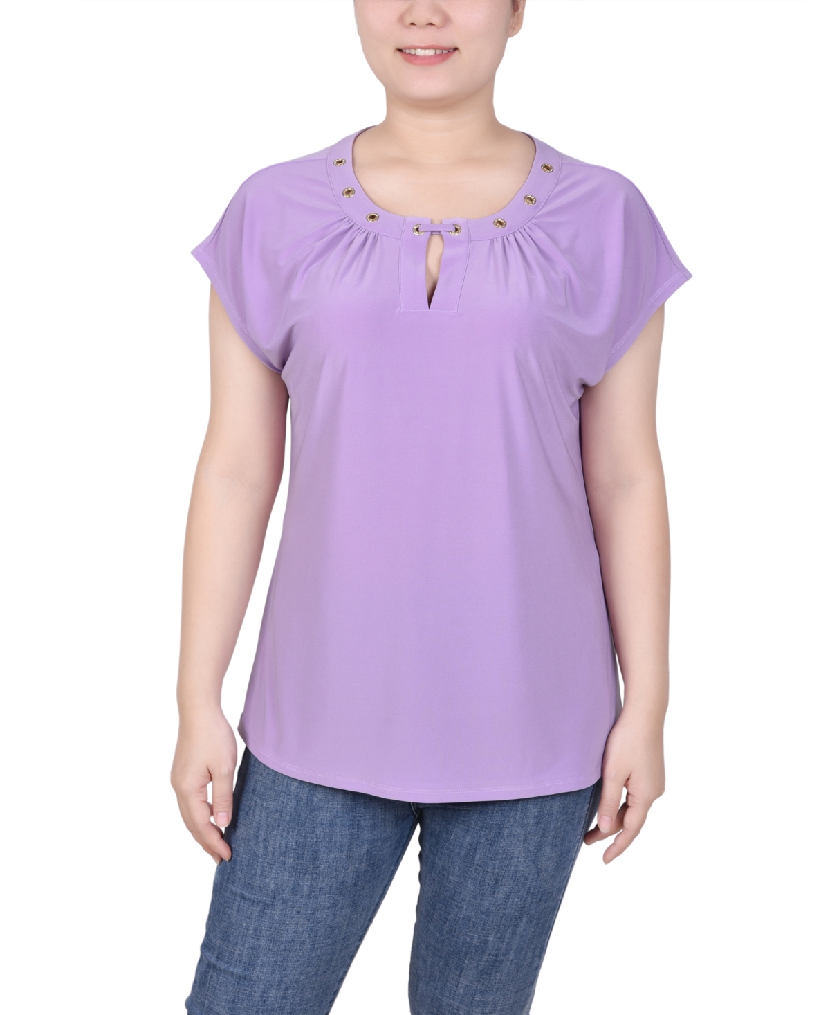 Ny Collection Petite Grommet Neck Knit Short Extended Sleeve Top In Regal Orchid