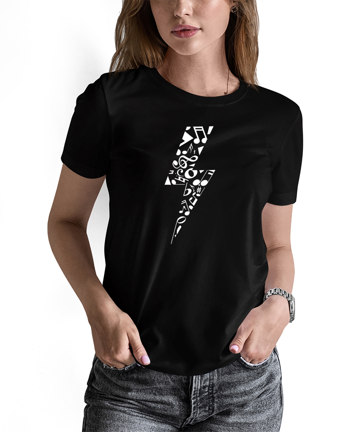La Pop Art Women's Word Art Lightning Bolt Short Sleeve T-shirt In Black