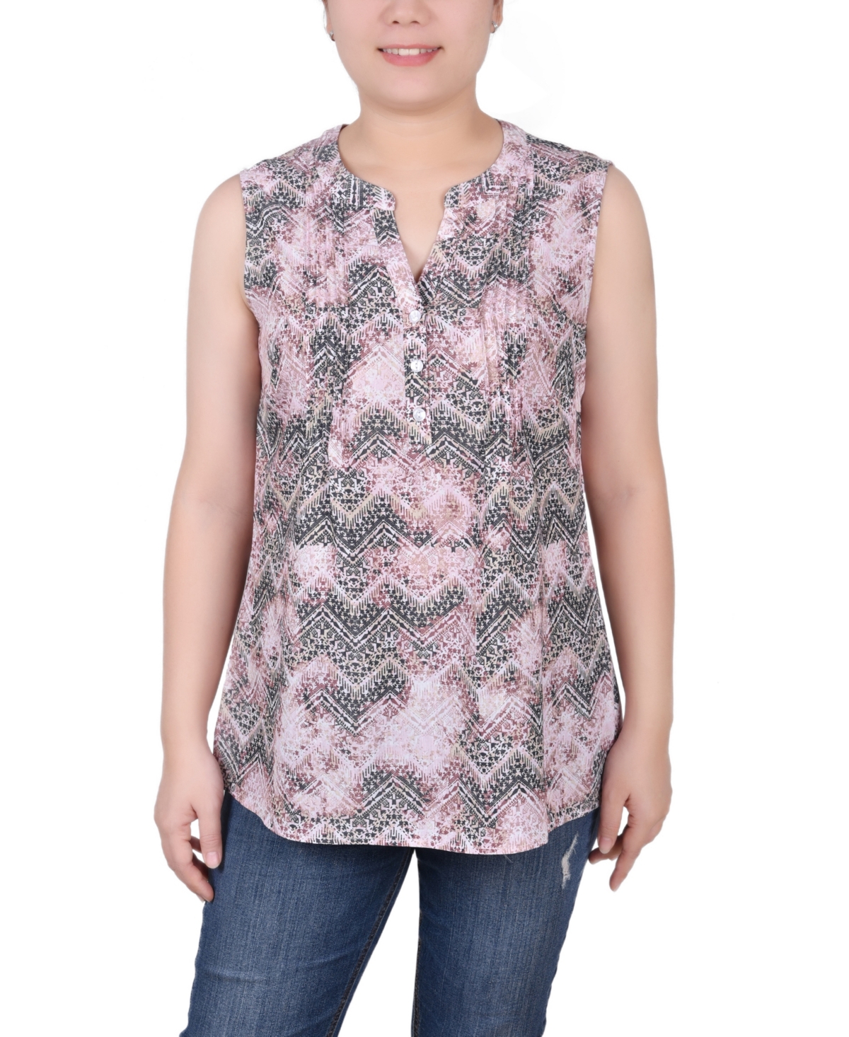 Ny Collection Petite Sleeveless Printed Pintucked Blouse In Mauve Chevronwash