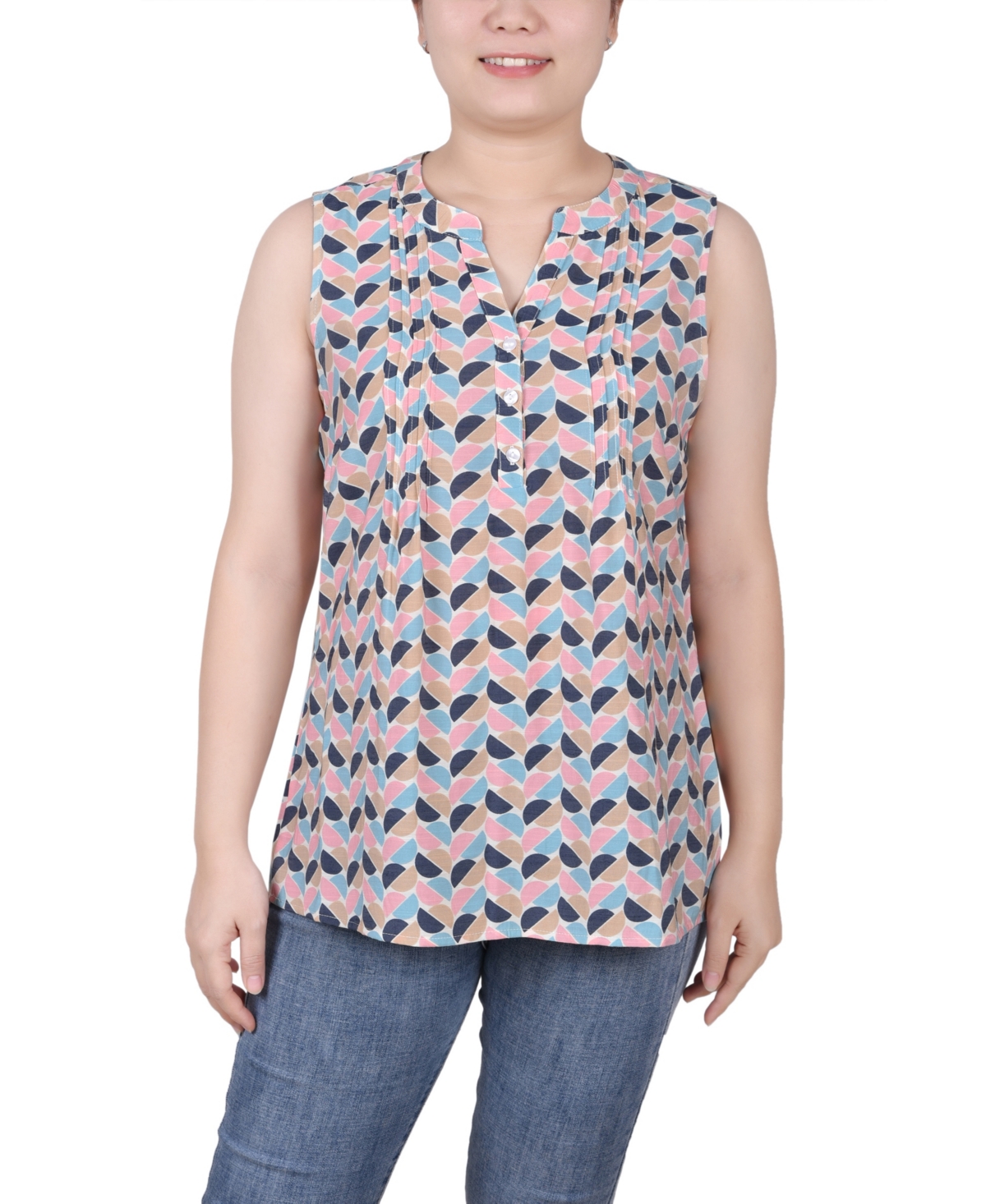 Ny Collection Petite Sleeveless Printed Pintucked Blouse In Pink Black Blue Half Moon