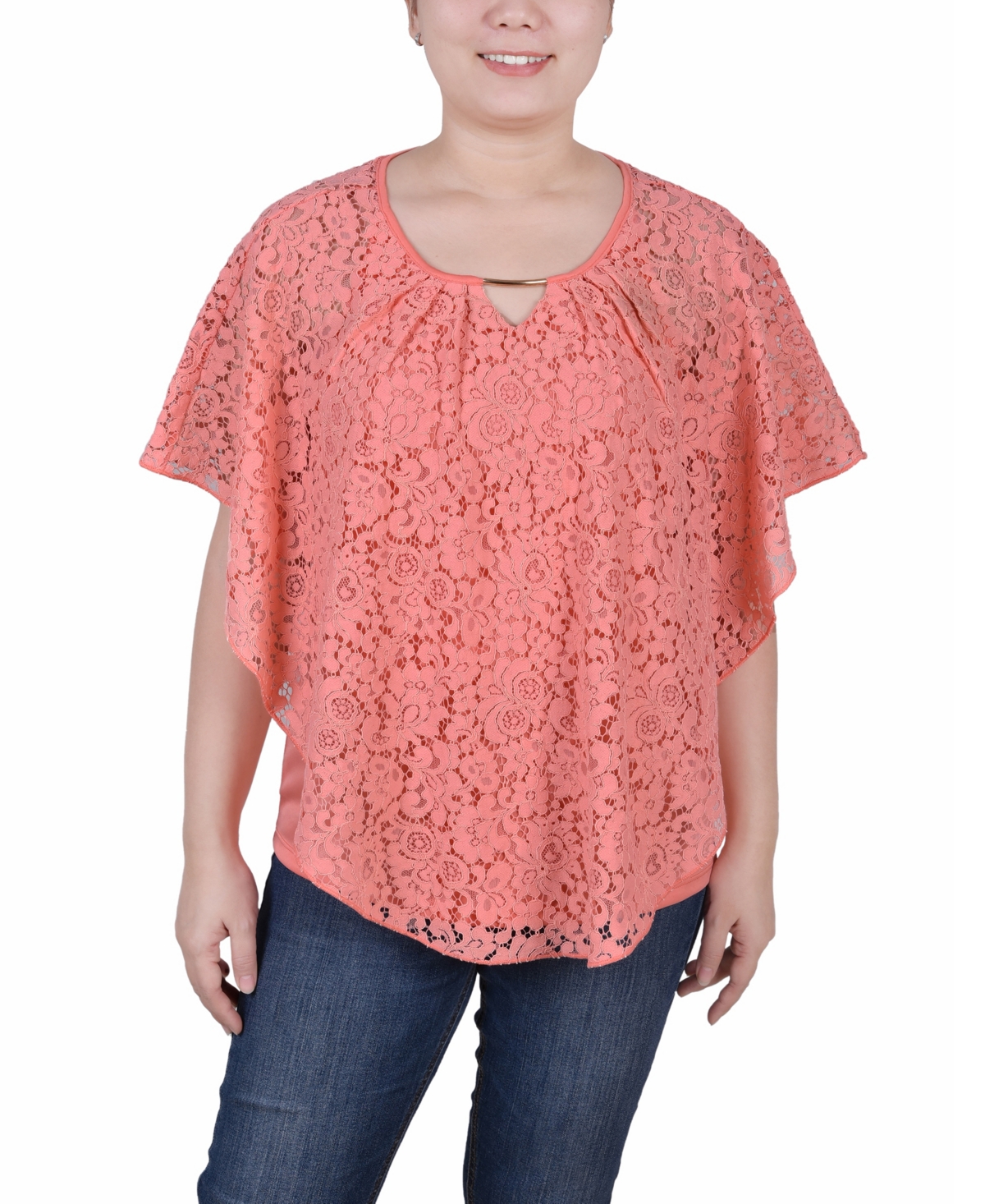 Ny Collection Petite Lace Poncho Top With Matching Tank In Mellow Rose