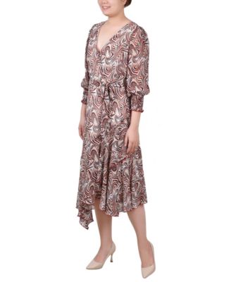 Petite 3/4 Sleeve Belted Chiffon Handkerchief Hem Dress