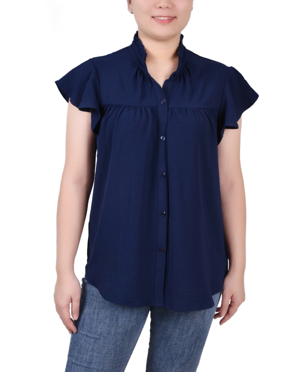 Ny Collection Petite Flutter Sleeve Ruffle Neck Blouse In Navy
