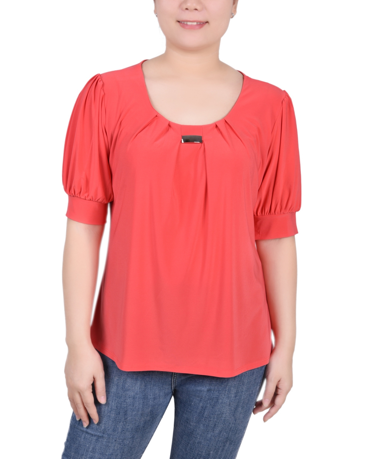 Ny Collection Petite Short Sleeve Balloon Sleeve Top In Calypso Coral