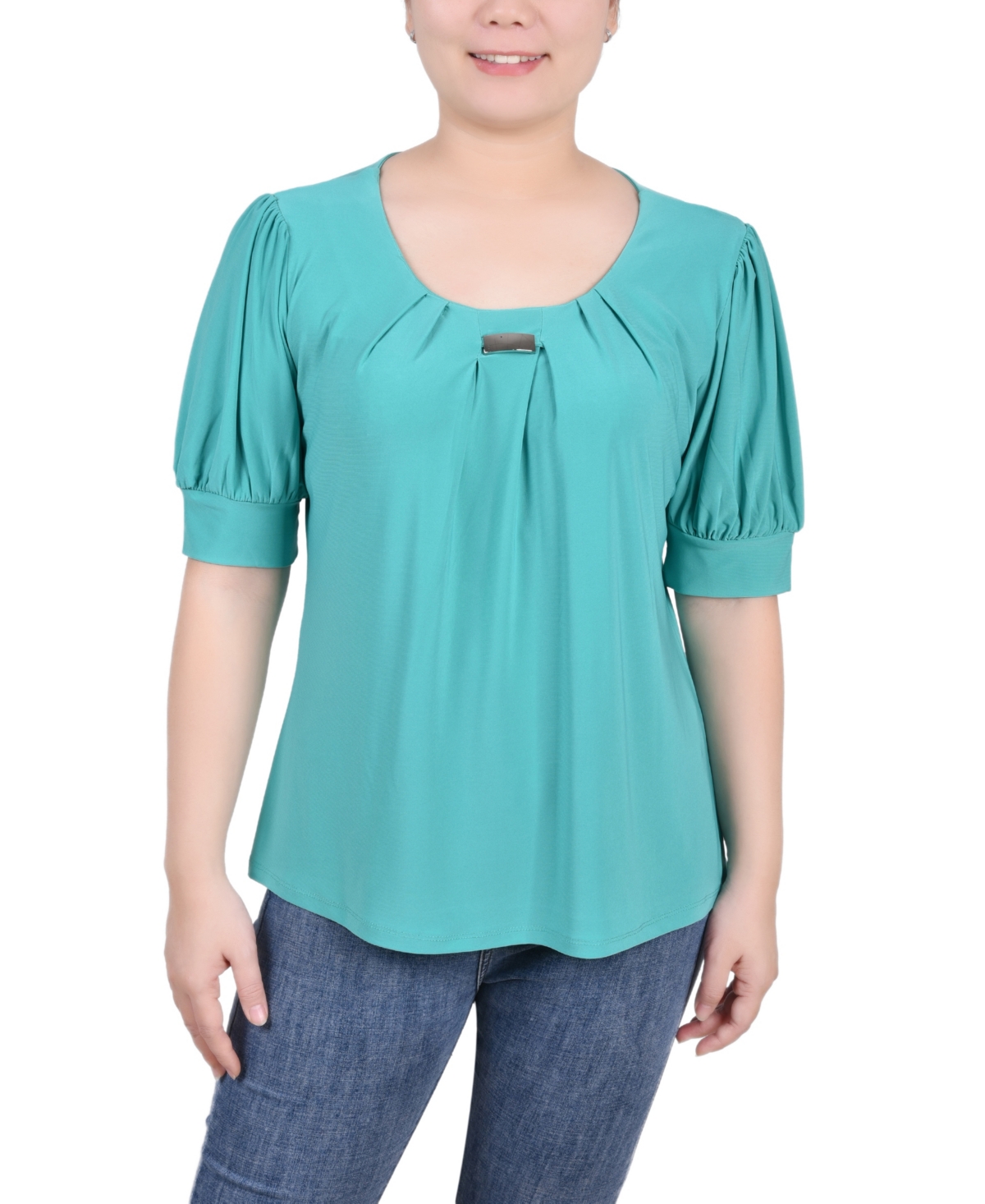 Shop Ny Collection Petite Short Sleeve Balloon Sleeve Top In Emerald