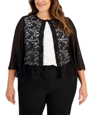 Connected - Plus Size Collarless 3/4-Chiffon-Sleeve Lace Shrug