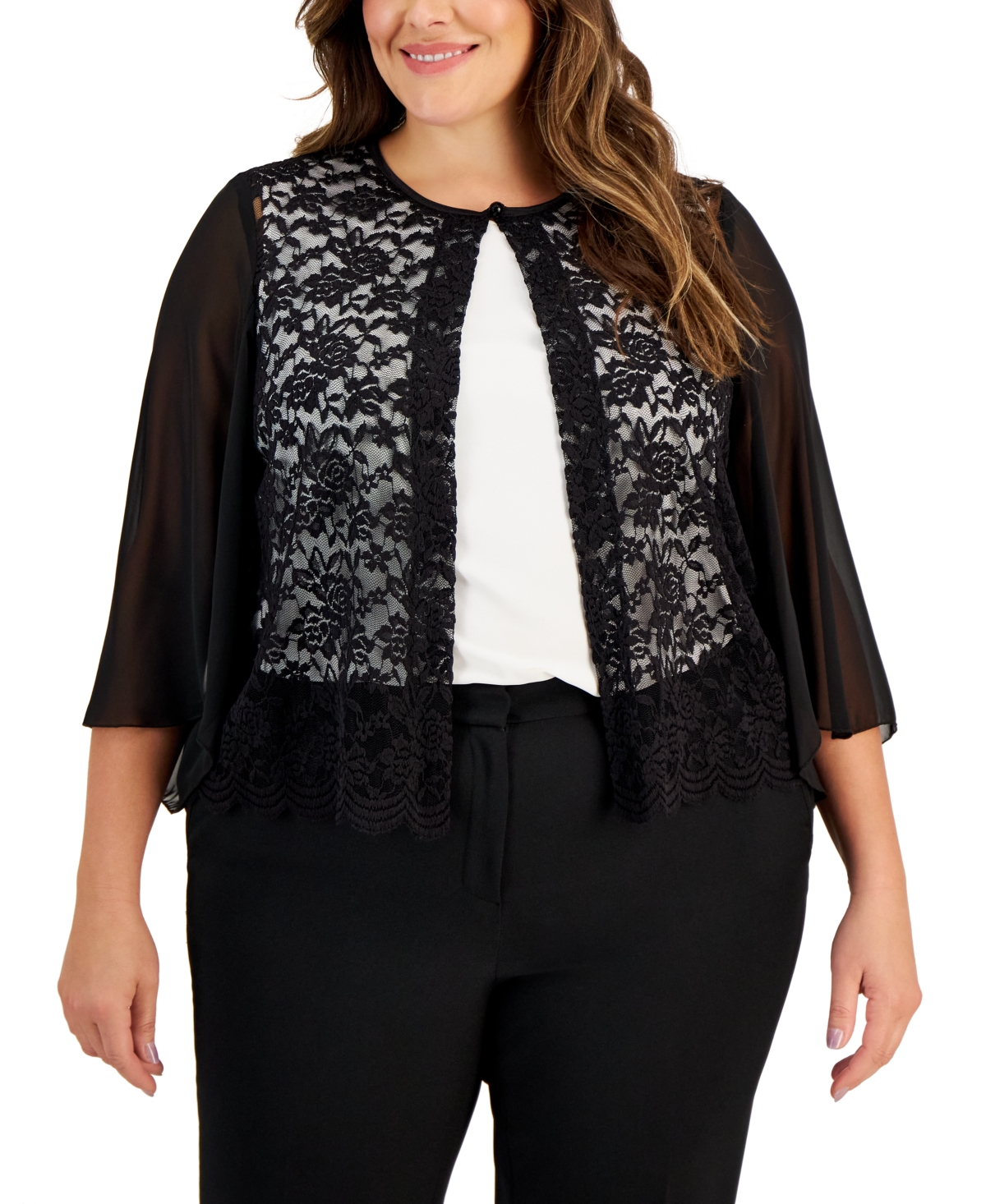 Connected Plus Size Collarless 3/4-chiffon-sleeve Lace Shrug In Black