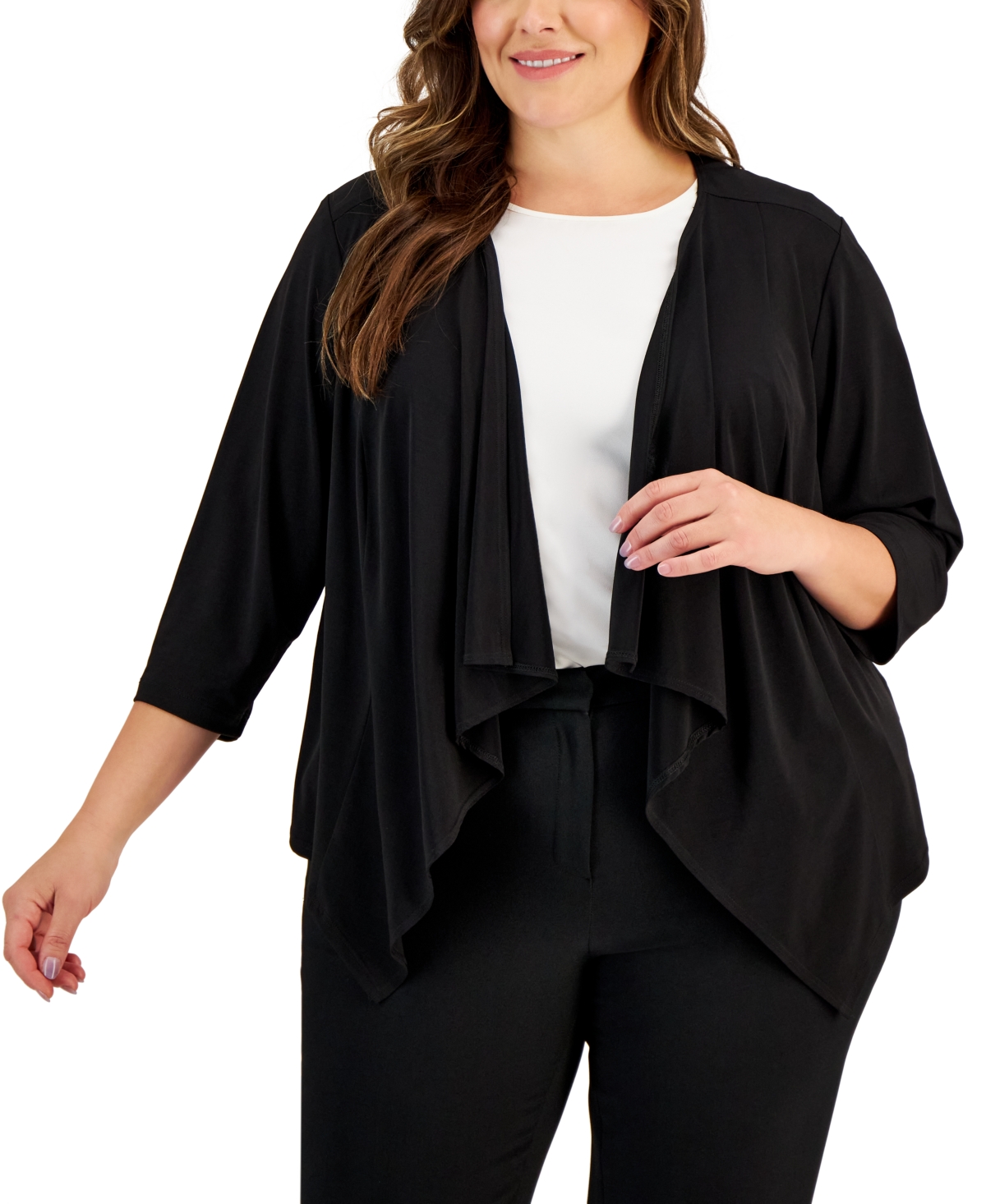 Connected Plus Size Open-front 3/4-sleeve Waterfall Shrug In Black