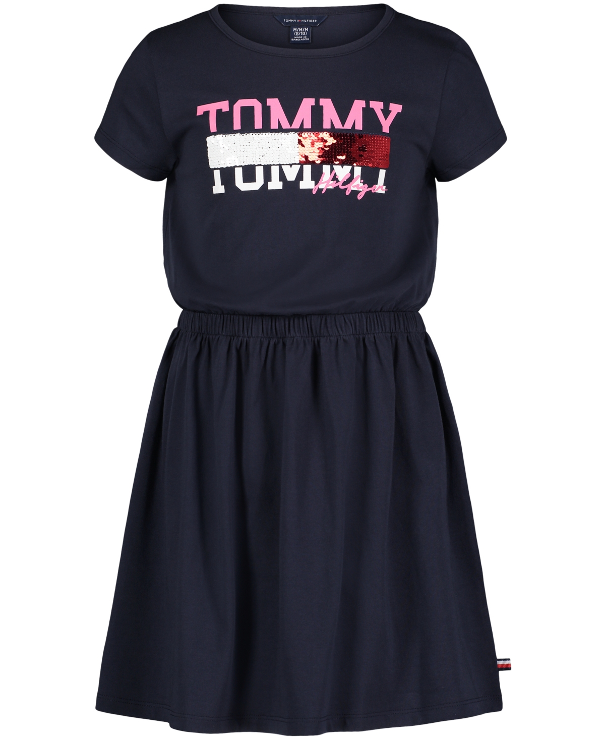 Tommy Hilfiger Big Girls Flip-sequin Logo Cinched-waist Dress In Navy Blazer
