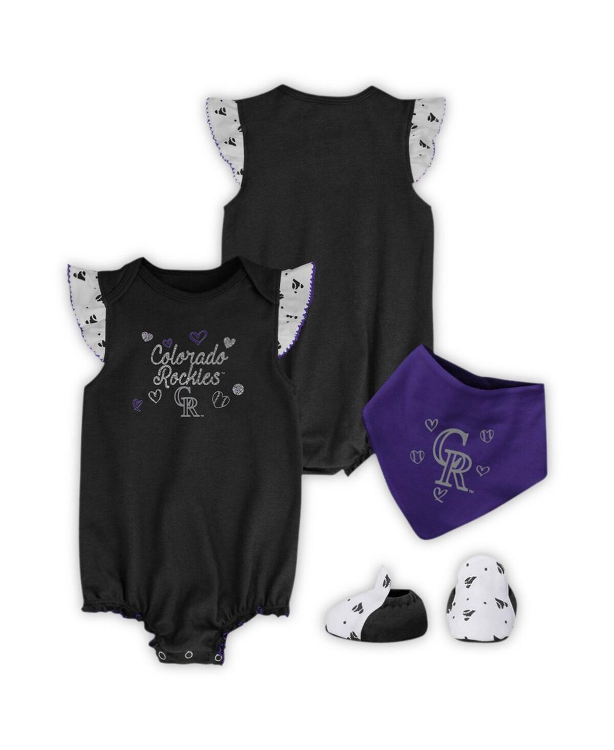 Shop Outerstuff Girls Newborn And Infant Black Colorado Rockies 3-piece Home Plate Bodysuit Bib And Booties Set