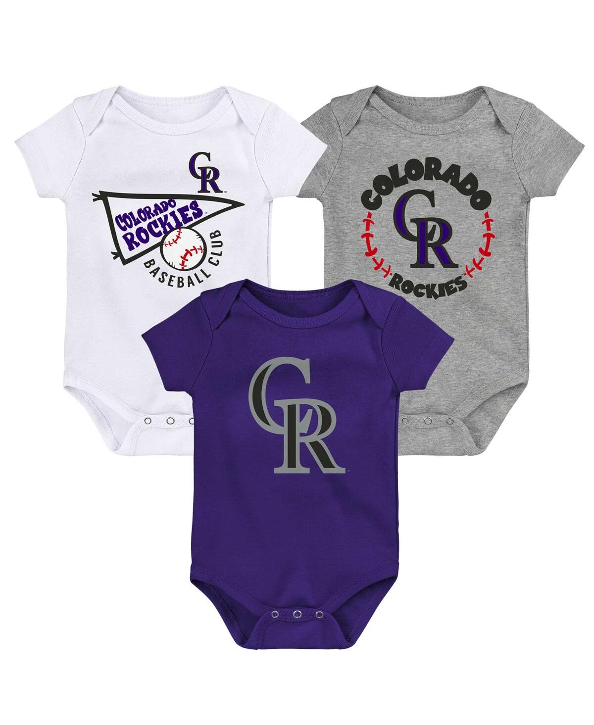 Shop Outerstuff Infant Boys And Girls Purple, White, Heather Gray Colorado Rockies Biggest Little Fan 3-pack Bodysui In Purple,white,heather Gray