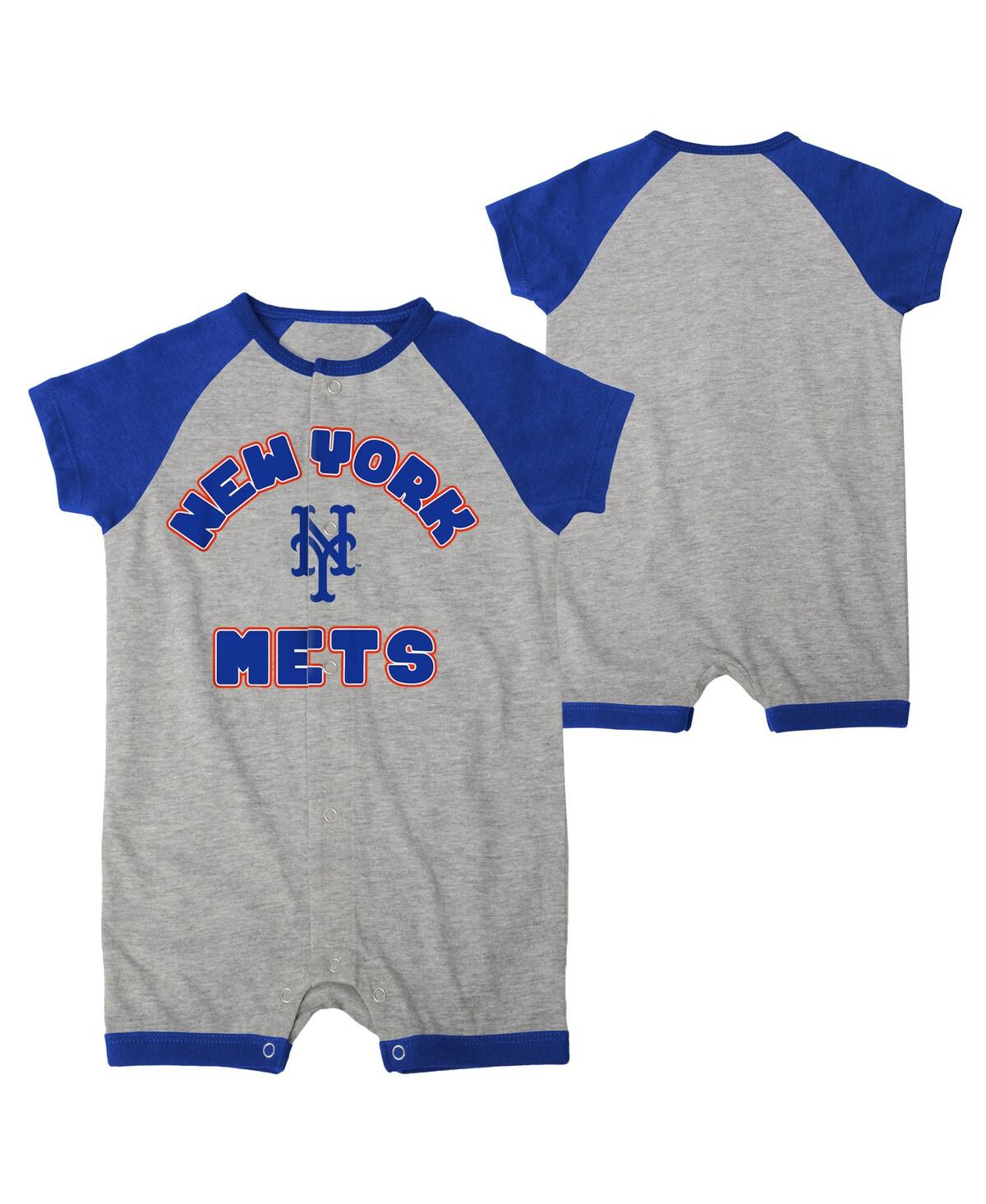 OUTERSTUFF INFANT BOYS AND GIRLS HEATHER GRAY NEW YORK METS EXTRA BASE HIT RAGLAN FULL-SNAP ROMPER