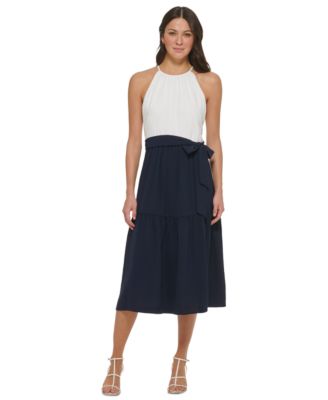 DKNY - Women's Tiered Tie-Waist Halter-Neck Midi Dress