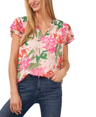 Women's Short Flutter Sleeve Tropical Print Blouse