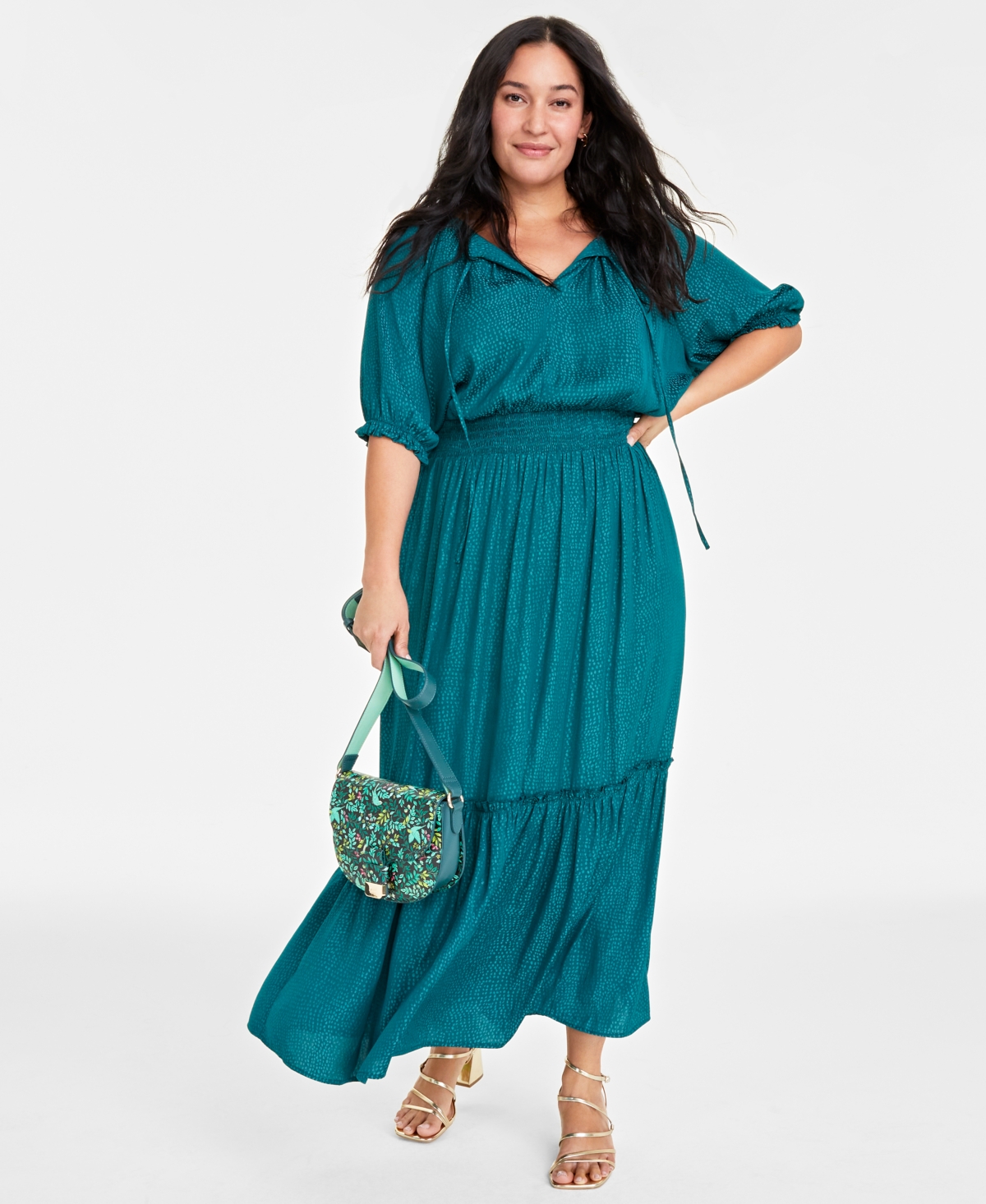On 34th Plus Size Elbow-sleeve Tiered Maxi Dress, Created For Macy's In Dark Forest
