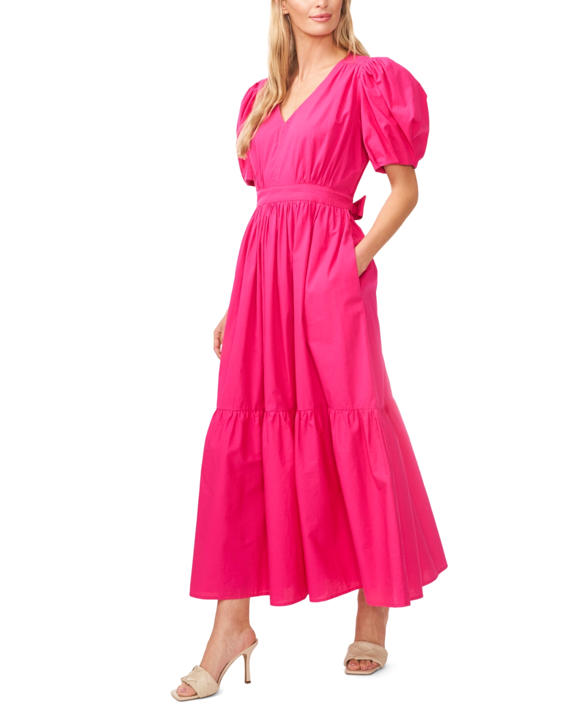 Shop Cece Women's V-neck Puff-sleeve Tie-waist Maxi Dress In Bright Rose