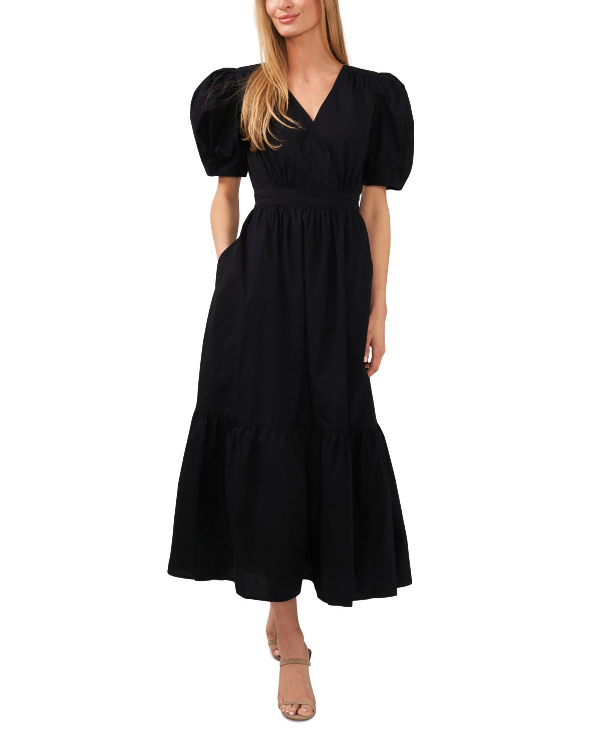 Cece Women's V-neck Puff-sleeve Tie-waist Maxi Dress In Rich Black
