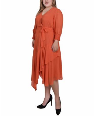Plus Size 3/4 Sleeve Belted Chiffon Handkerchief Hem Dress
