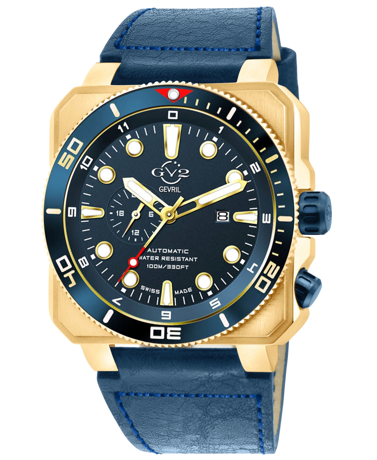 Men's Xo Submarine Swiss Automatic Navy Leather Watch 44mm - Gold