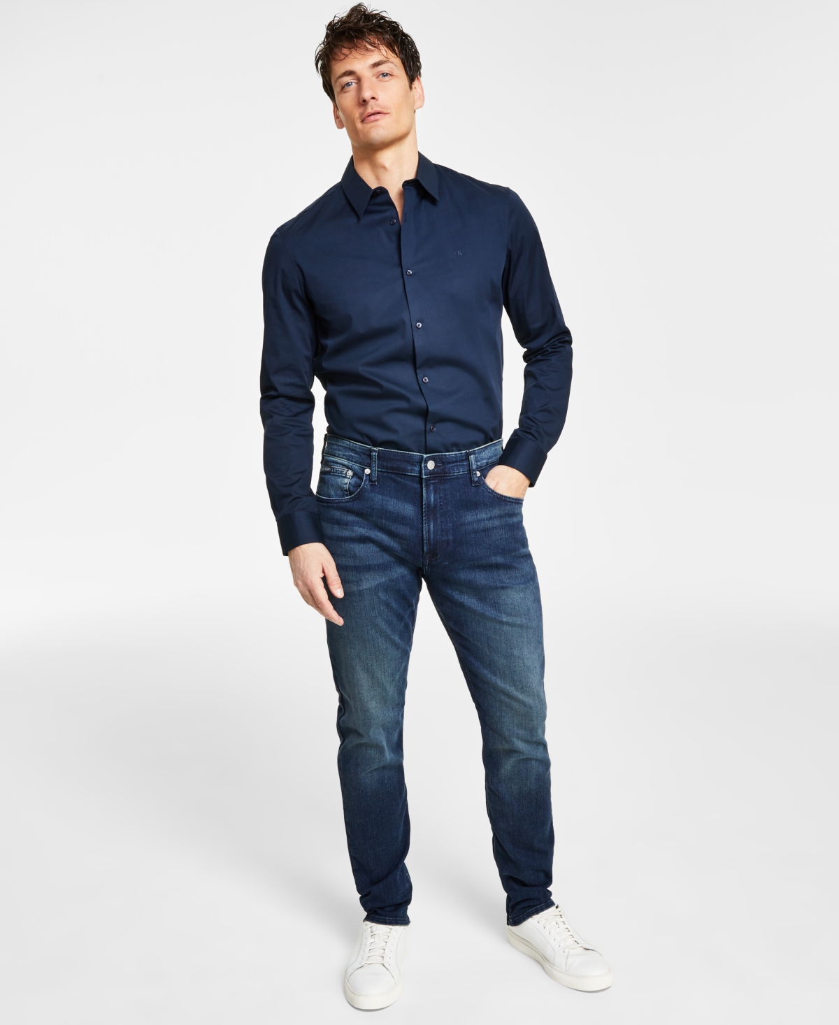 Calvin Klein Mens Car Coat Relaxed Fit Crewneck Sweater Slim Fit Shirt Slim Fit Stretch Jeans Smart Closet