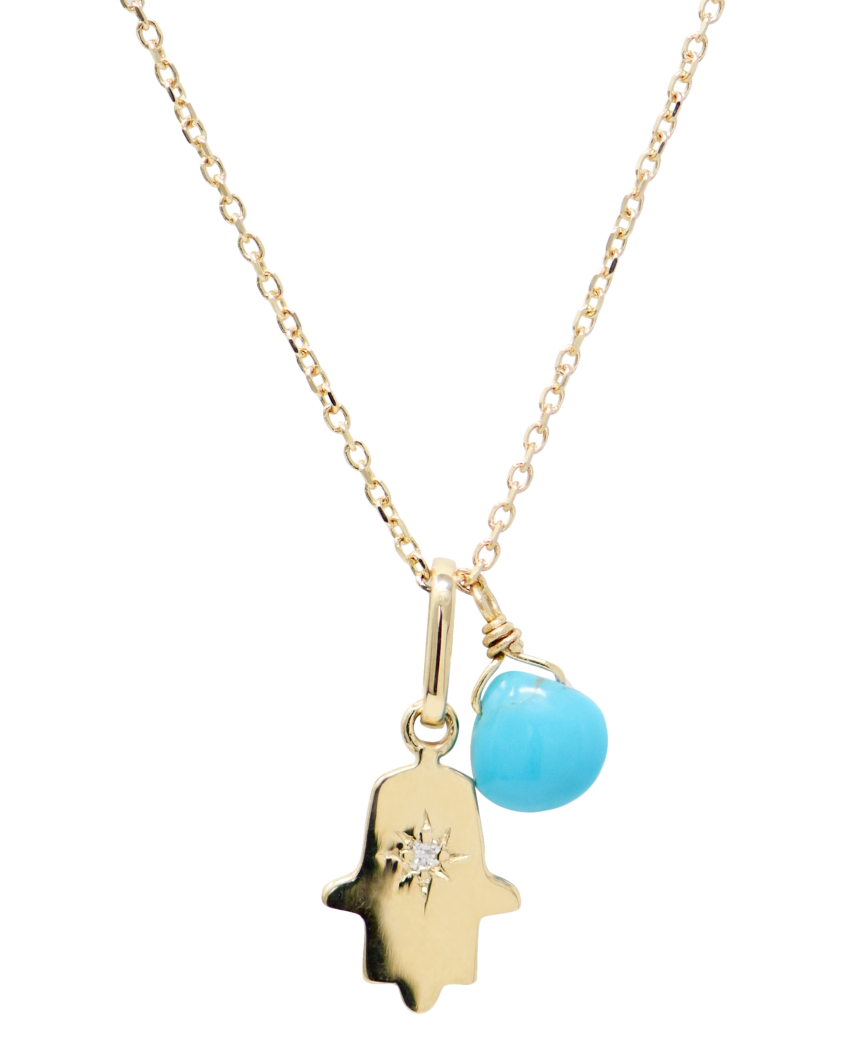 Anzie Diamond Accent & Sleeping Beauty Turquoise Hamsa Hand Two Charm Pendant Necklace In 14k Gold, 16" +