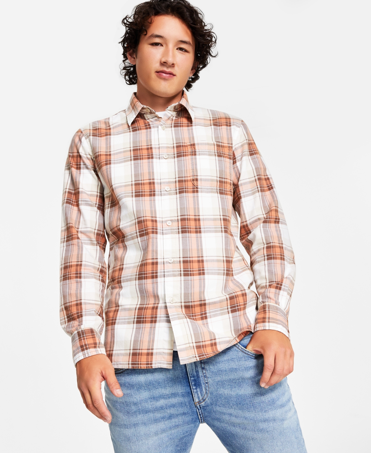 Sun + Stone Men's Diego Plaid Long-sleeve Shirt, Created For Macy's In Vintage White