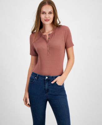 And Now This - Women's Ribbed Henley Short-Sleeve Bodysuit