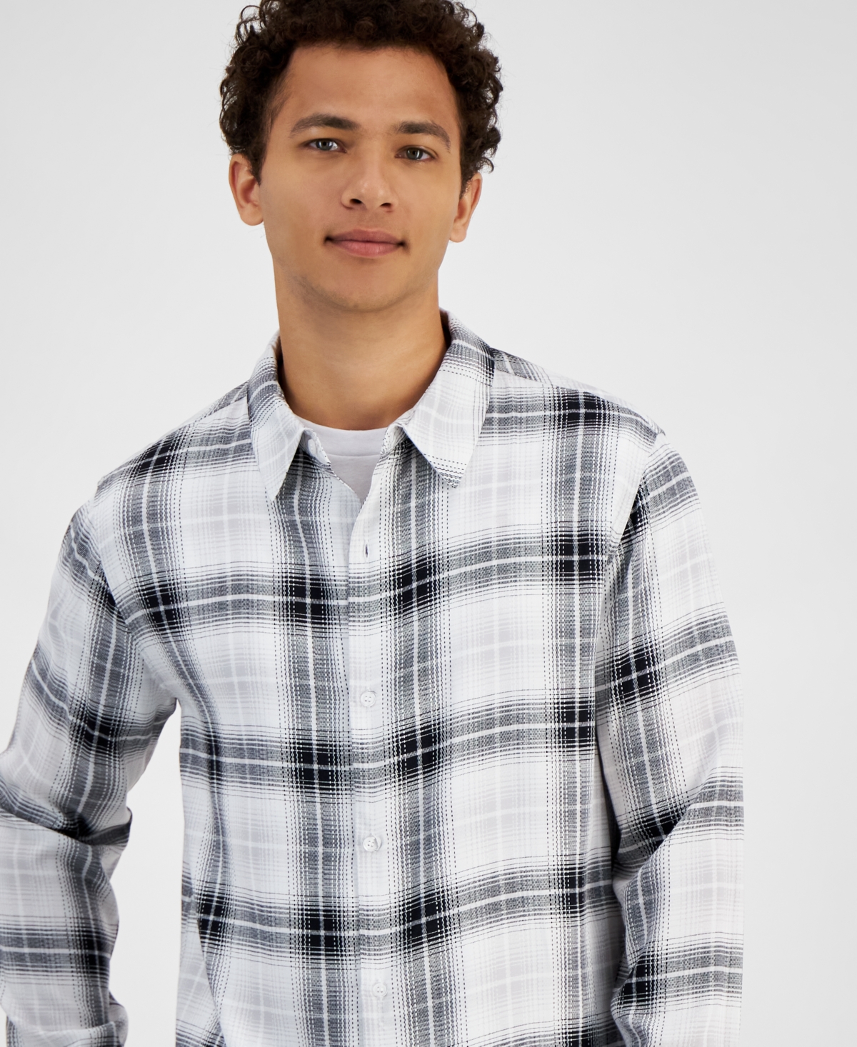 Men's Regular-Fit Plaid Button-Down Shirt, Created for Macy's - Black