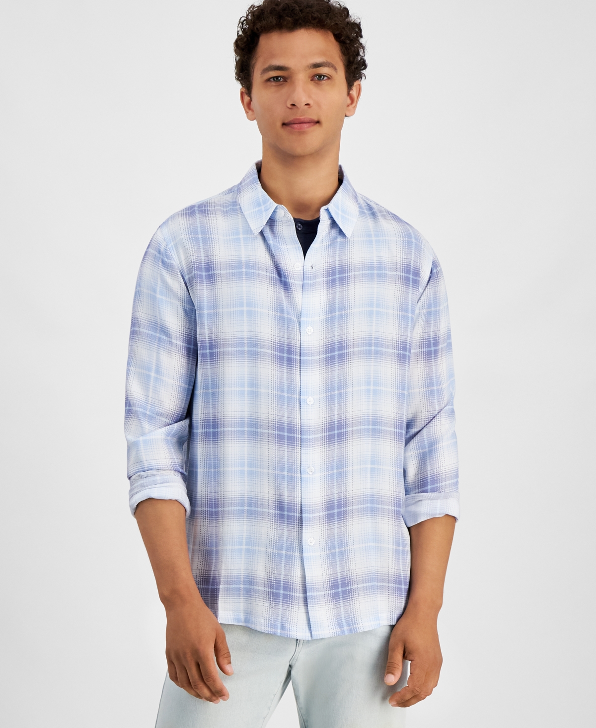 And Now This Men's Regular-fit Plaid Button-down Shirt, Created For Macy's In Blue