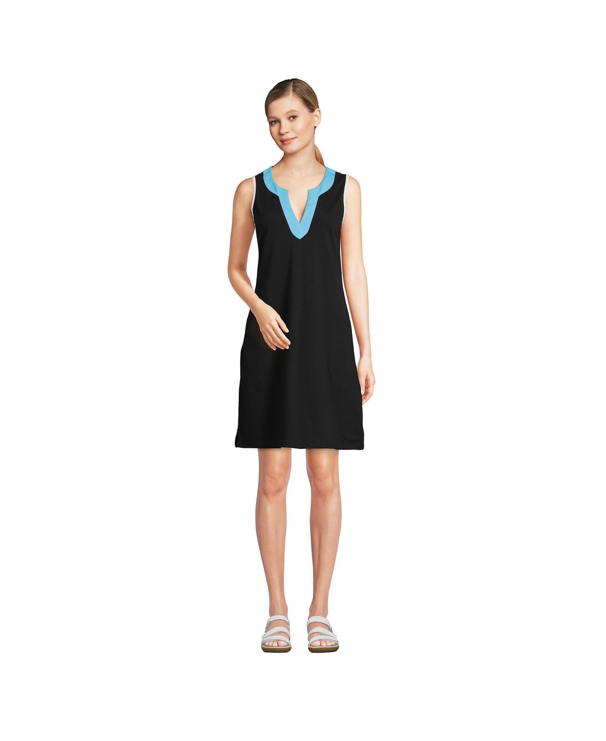 Lands' End Women's Long Cotton Jersey Sleeveless Swim Cover-up Dress Print  | Smart Closet