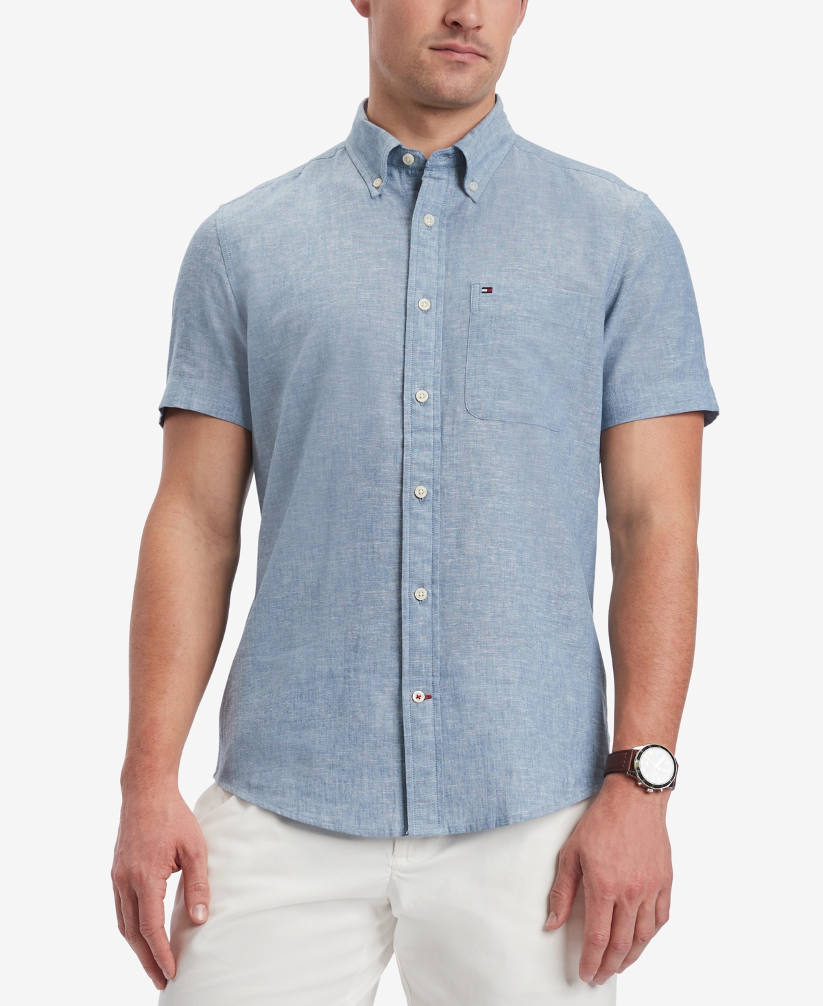 Tommy Hilfiger Men's Custom-fit Porter Cotton Linen Woven Shirt In North Sky