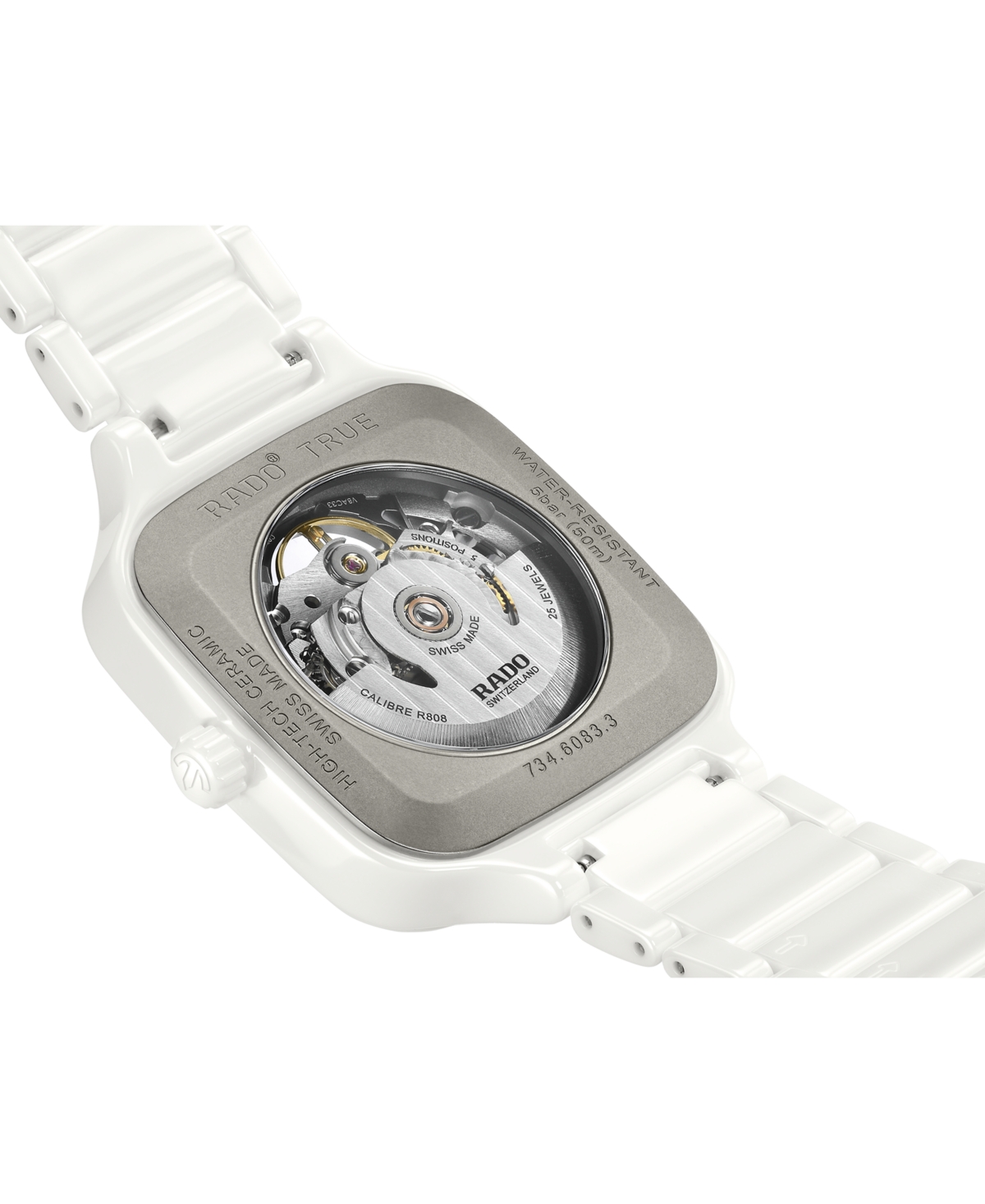 Rado Unisex Swiss Automatic True Square Skeleton White High-tech Ceramic Bracelet Watch 38mm In White