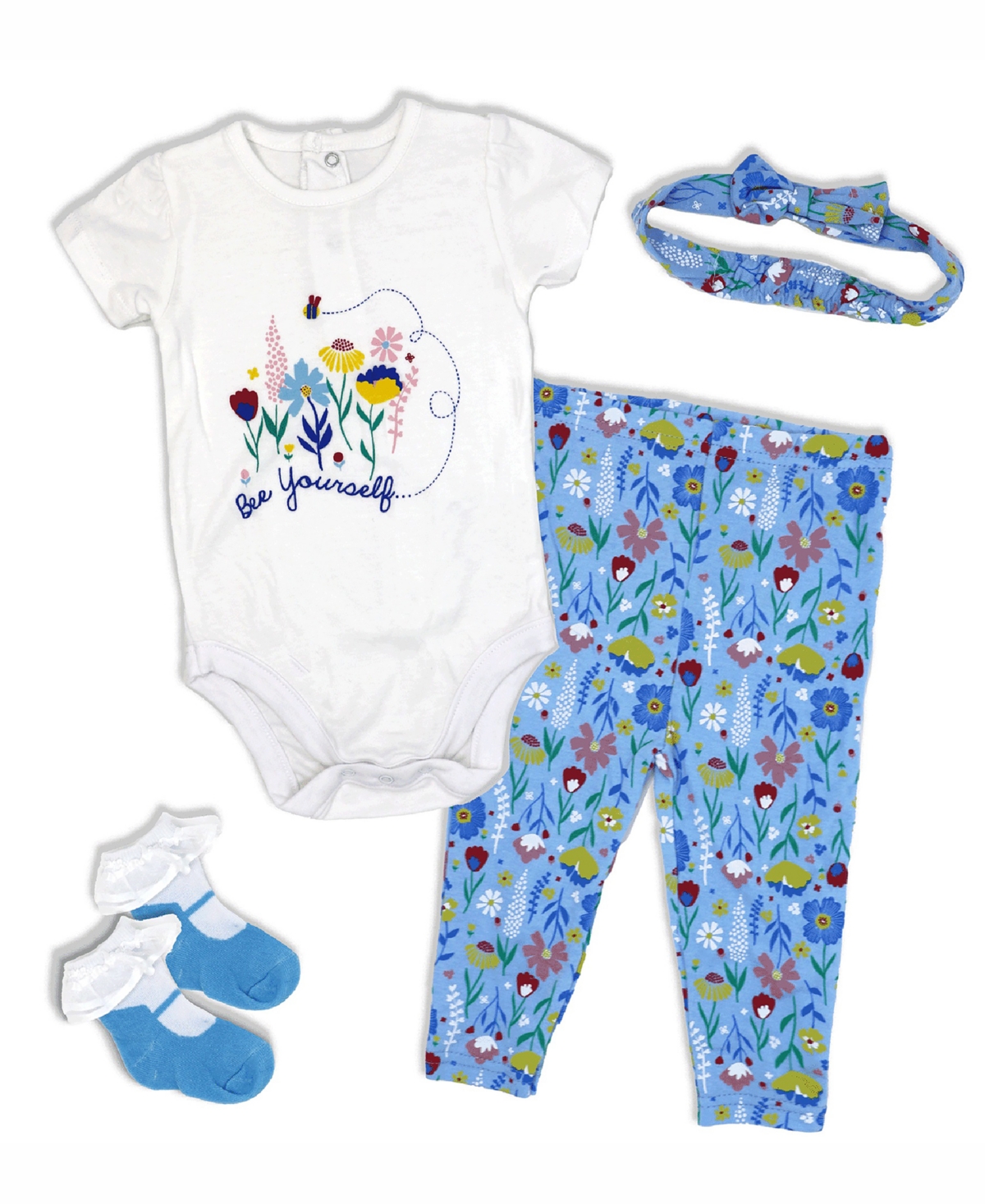 Lily & Jack Baby Girls Bee Yourself Bodysuit, Leggings, Socks And Headband, 4 Piece Set In White