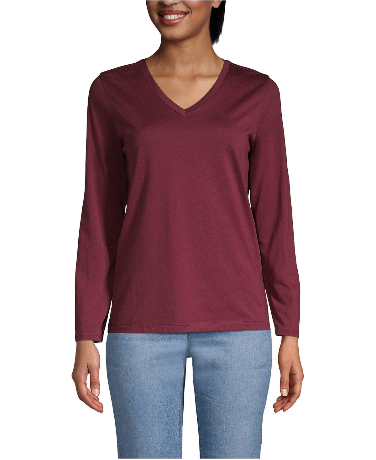 Lands' End Women's Supima Cotton Long Sleeve V-Neck T-Shirt - Rich burgundy