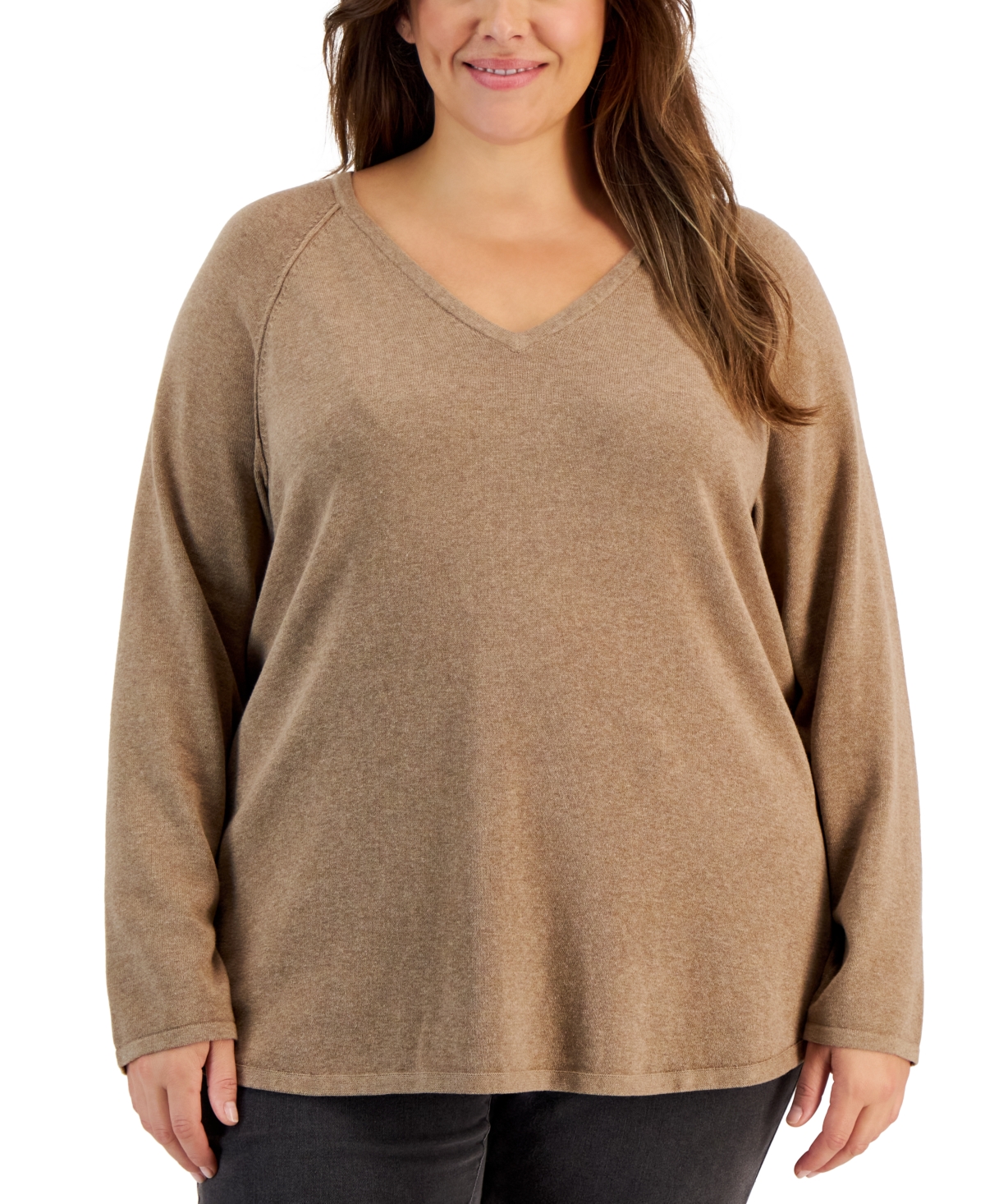 Karen Scott Plus Size Cotton V-neck Curved-hem Sweater, Created For Macy's In Chestnut Heather