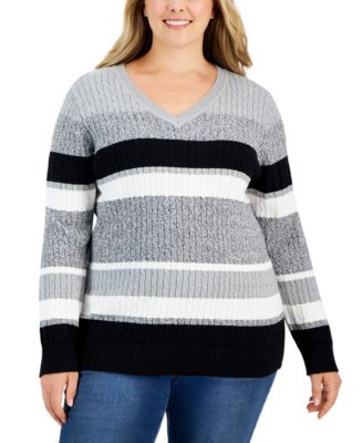 Karen Scott - Plus Size Cotton Striped V-Neck Sweater