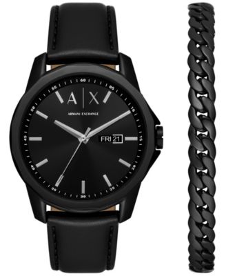 Men's Three-Hand Day-Date Quartz Black Leather Watch 44mm and Black Stainless Steel Bracelet Set