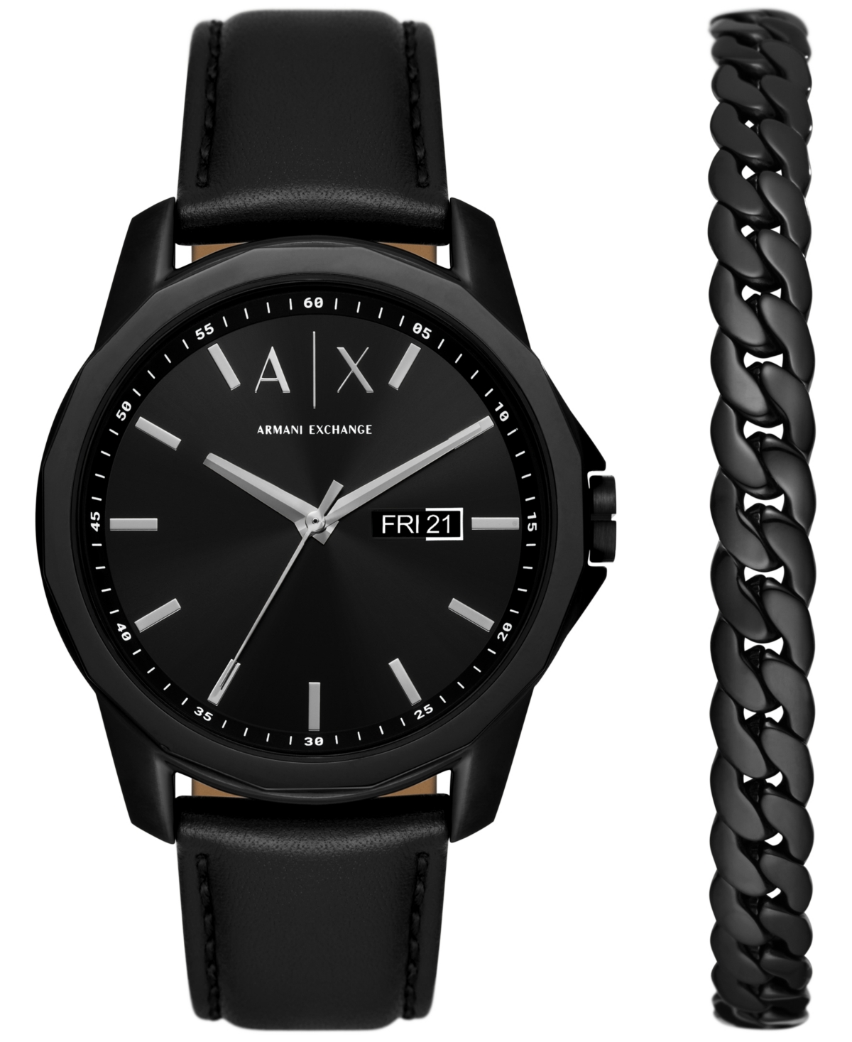 A X Armani Exchange Men's Three-hand Day-date Quartz Black Leather Watch 44mm And Black Stainless St