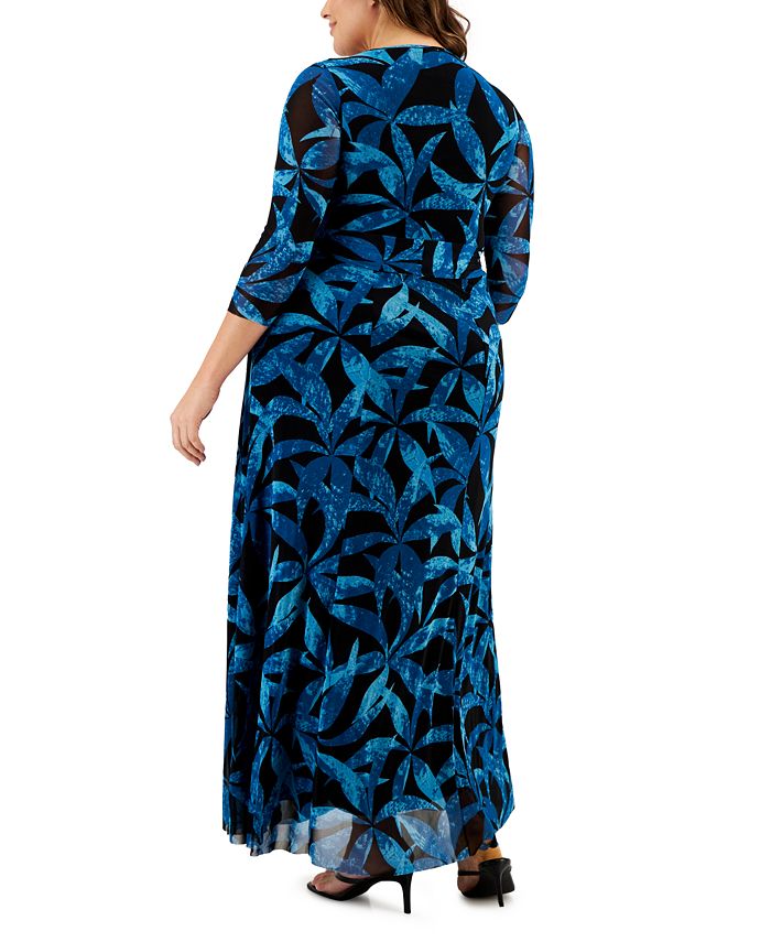 Anne Klein Plus Size Printed 3/4-Sleeve Mesh Maxi Dress - Macy's