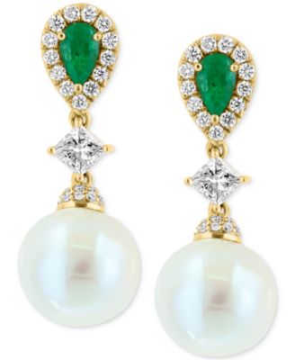 EFFY&reg; Freshwater Pearl (9mm), Emerald (3/8 ct. t.w.) & Diamond (5/8 ct. t.w.) Drop Earrings in 14k Gold