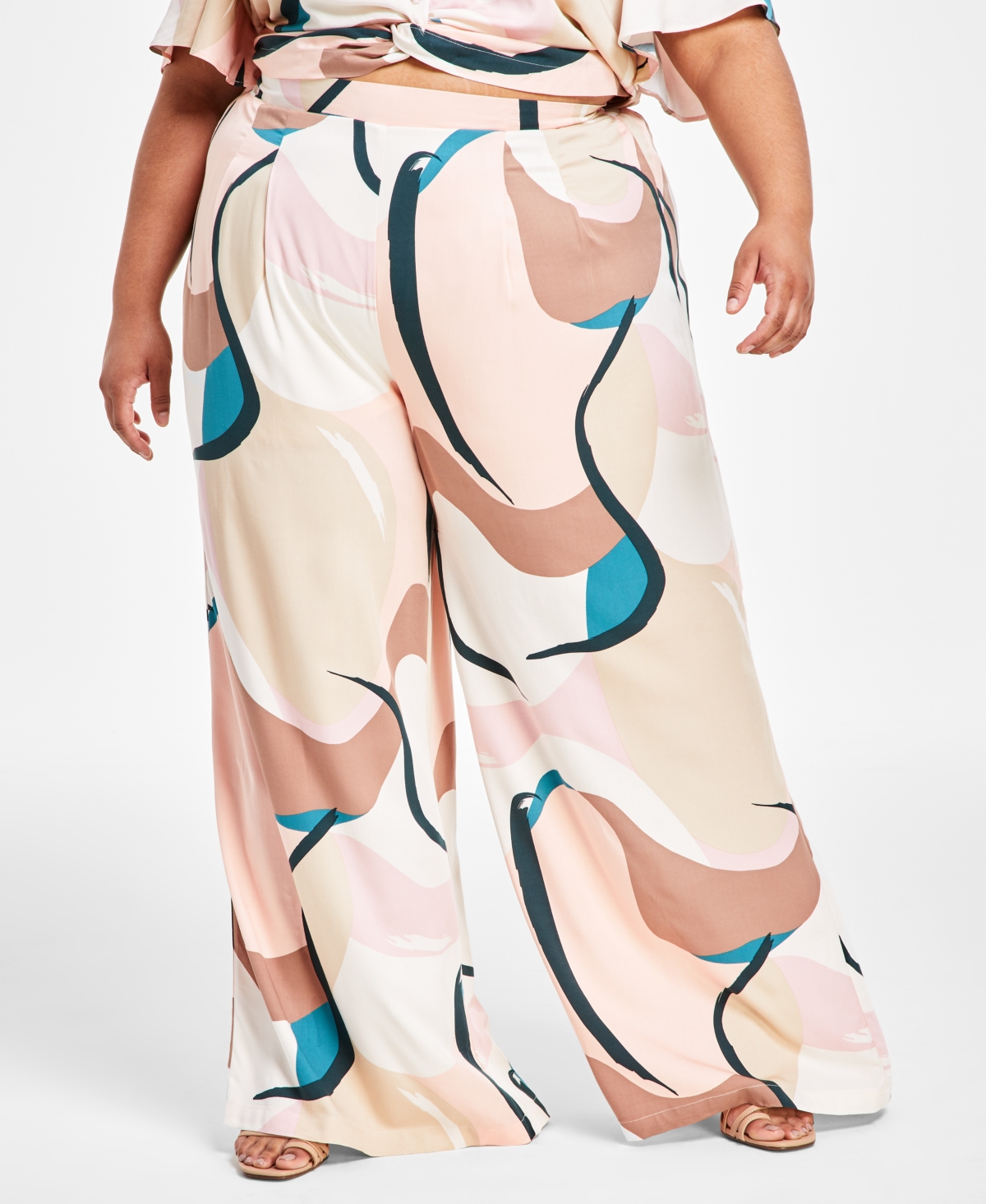 Nina Parker Trendy Plus Size Cropped Top Wide Leg Pants Created For Macys In Exploded Geo Swirl