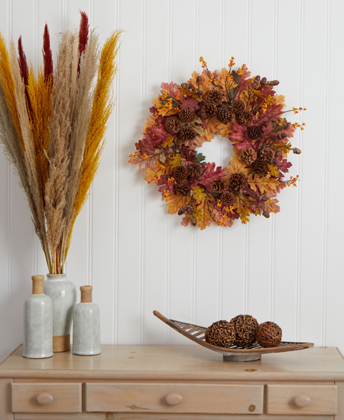 NEARLY NATURAL 24" OAK LEAF, ACORN AND PINE WREATH 