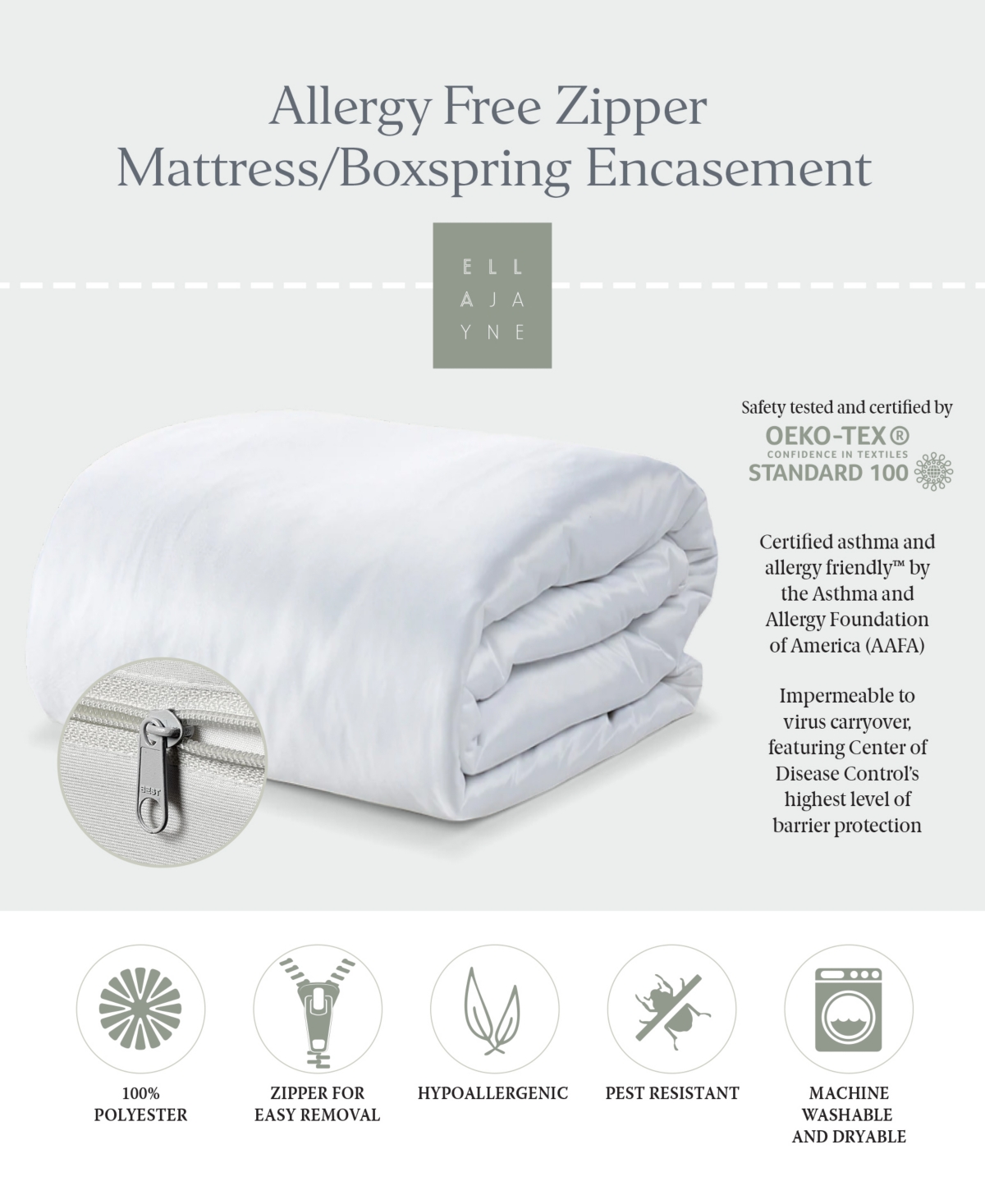 Ella Jayne Allergy Free Zipper Mattress or Box Spring Encasement, Fits Mattresses up to 12