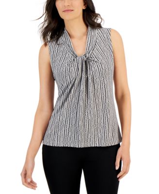 Kasper - Petite Dot-Print Sleeveless Knot-Neckline Knit Top