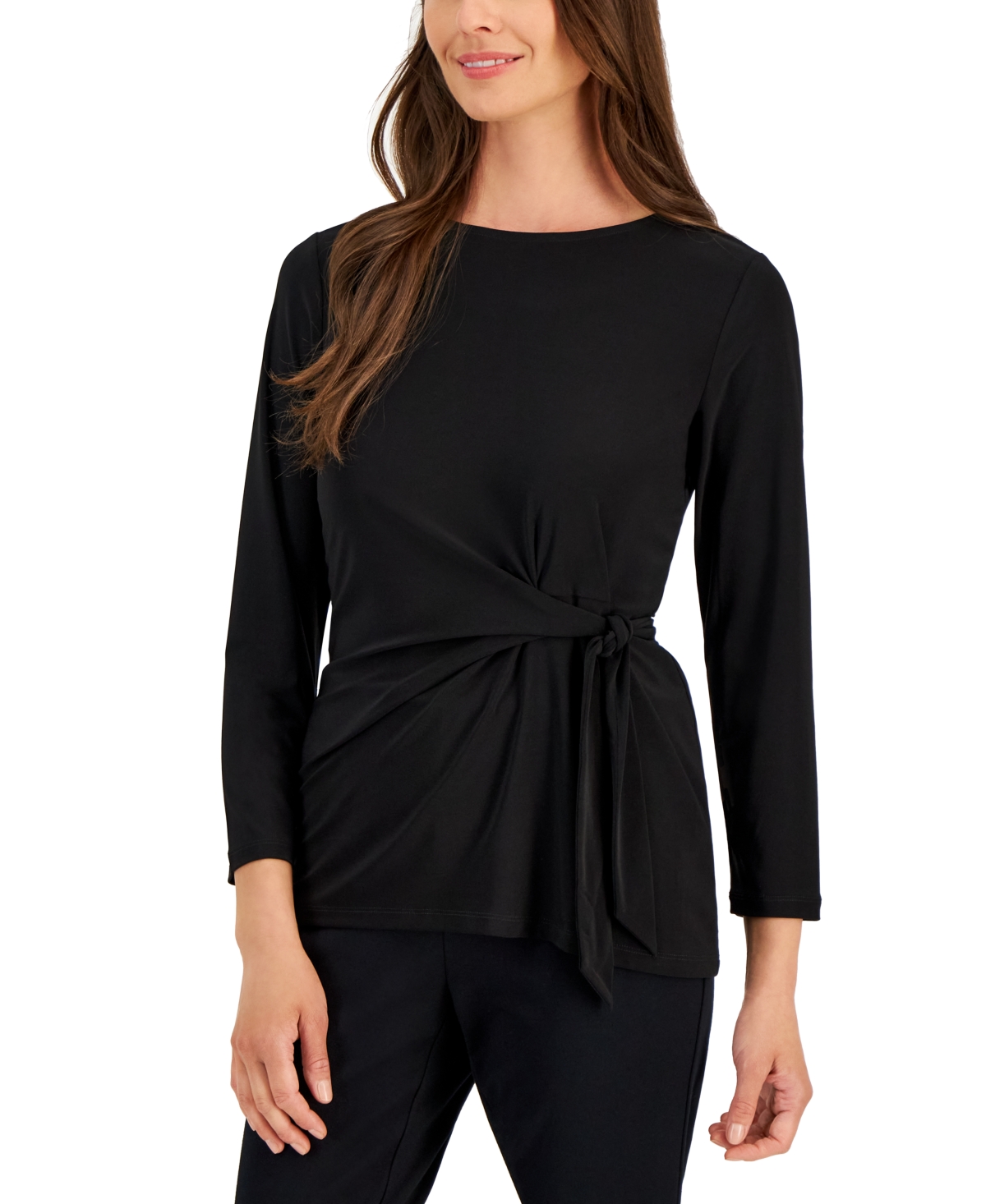 Women's Tie-Front Ruched Long-Sleeve Top - Black