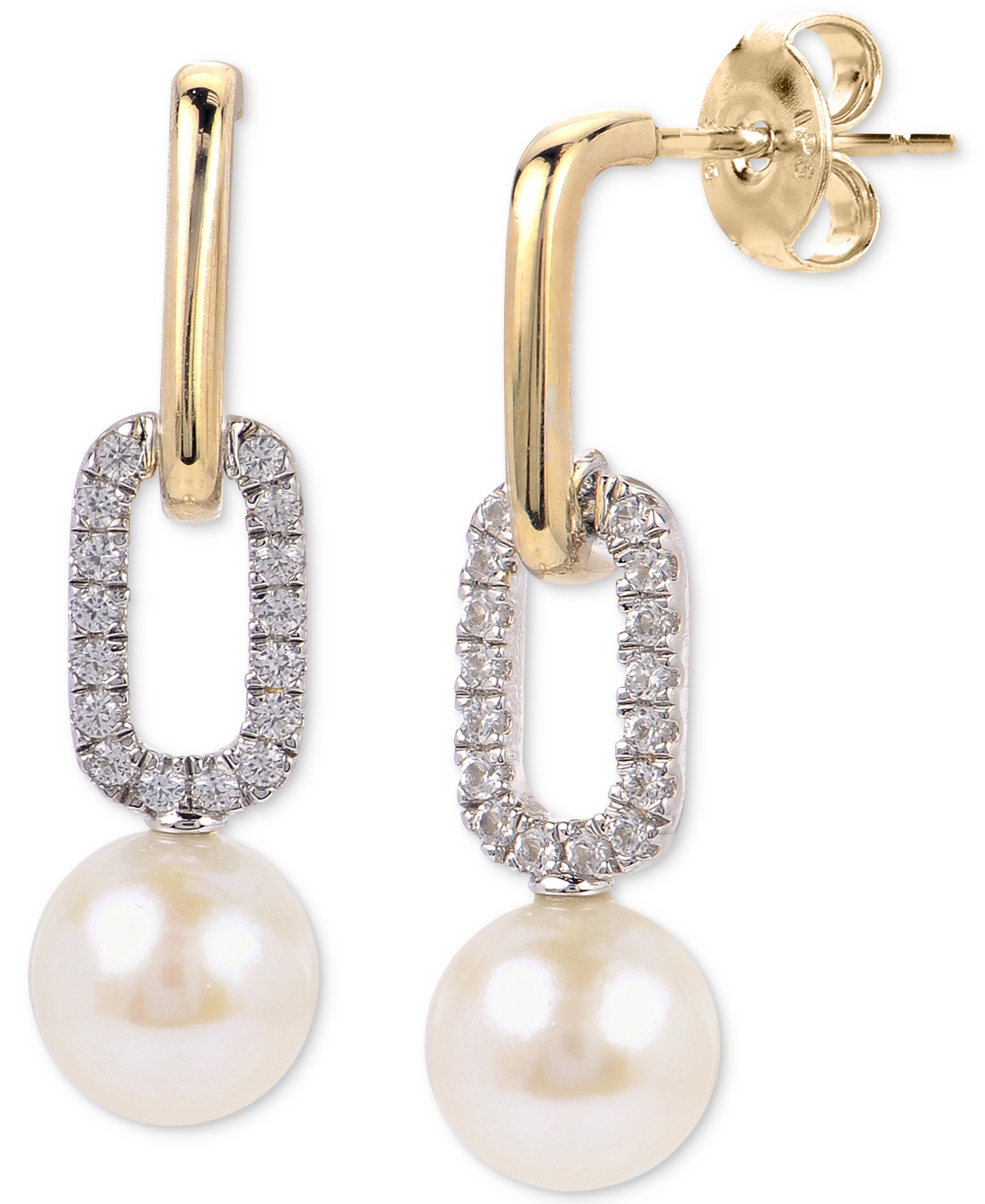 Macy's Cultured Freshwater Pearl (6 1/2mm) & Lab-created White Sapphire (1/5 Ct. T.w.) Link Drop Earrings I In Gold Over Silver