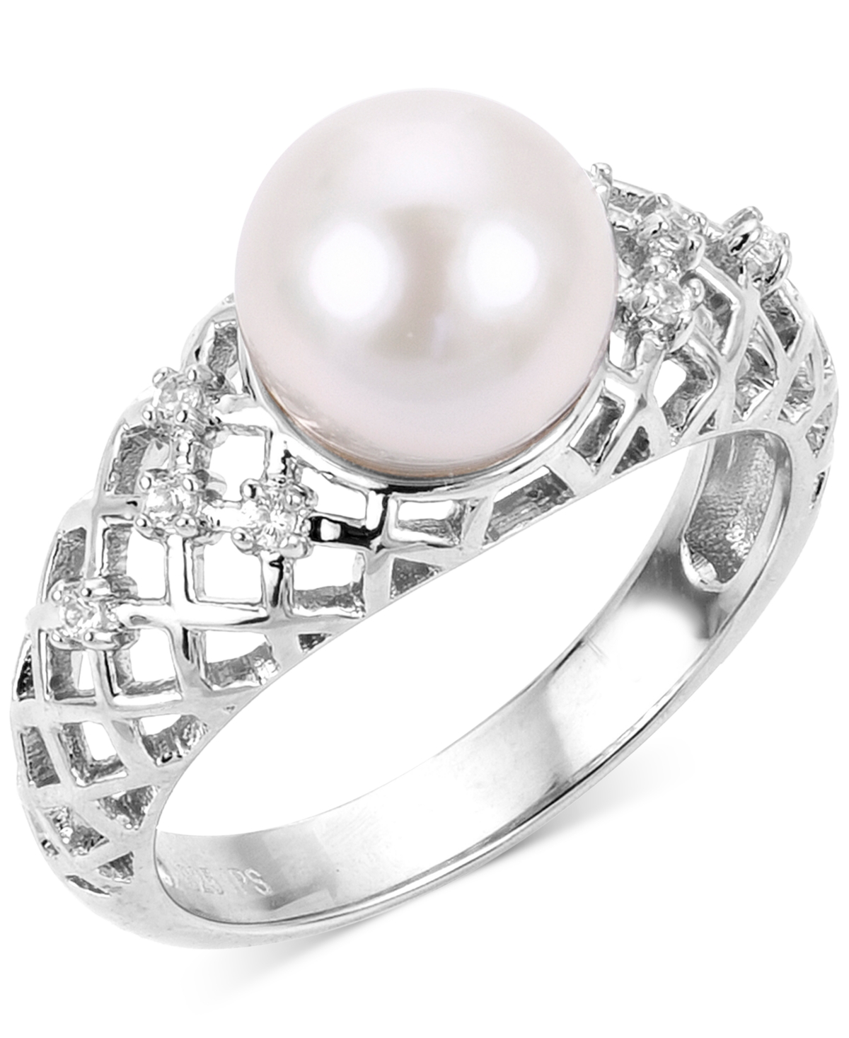 Macy's Cultured Freshwater Pearl (8 1/2mm) & Lab-created White Sapphire (1/10 Ct. T.w.) Lattice Ring In Ste In Sterling Silver