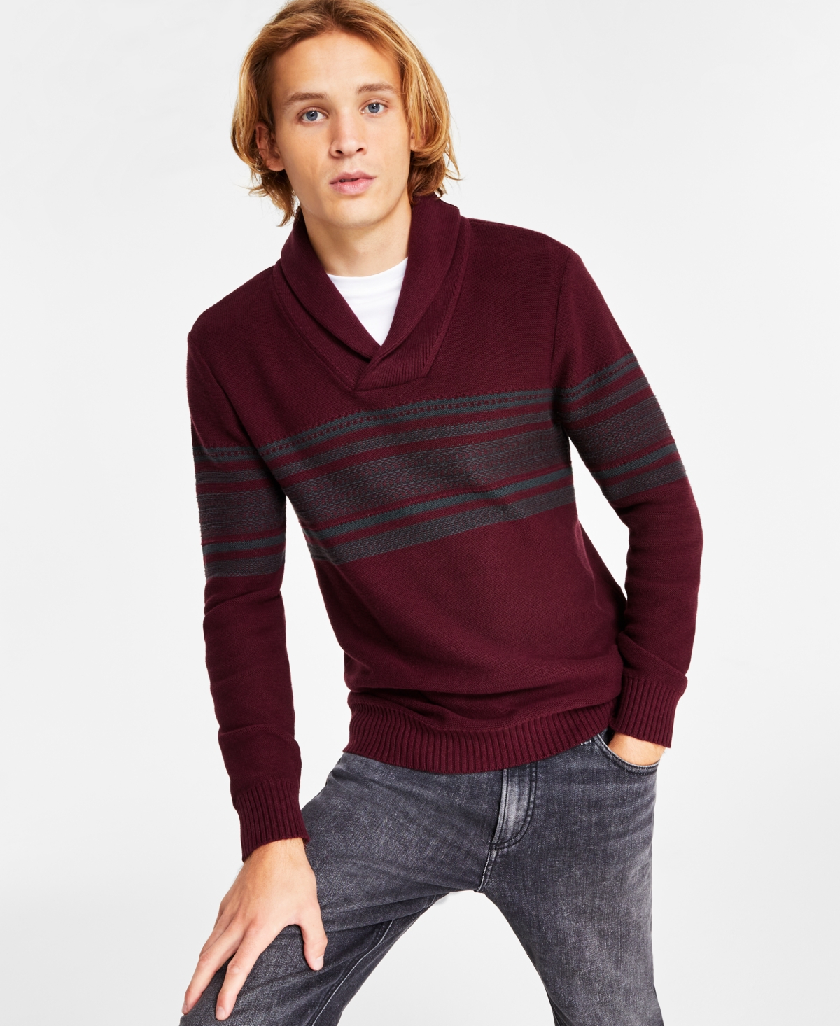 Sun + Stone Men's Hunter Regular-fit Stripe Shawl-collar Sweater, Created For Macy's In Dark Scarlet