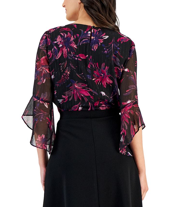 Kasper Petite Printed Ruffle-Sleeved Woven Top - Macy's